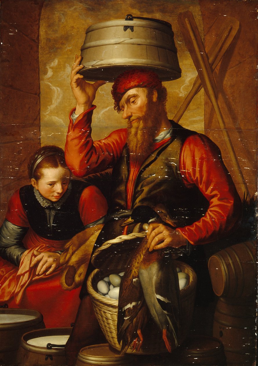 O Vendedor de Aves. Um casal de camponeses em traje tradicional, preparando os seus cestos de ovos e mercadorias para o mercado. Pintura por Pieter Aertsen (1508-1575), óleo sobre madeira de Pieter Aertsen