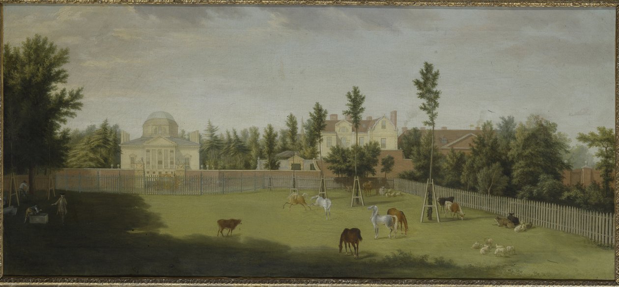 Vista da nova villa, casa antiga e estábulos de Burlington Lane, Chiswick Villa (óleo sobre tela) de Pieter Andreas Rysbrack