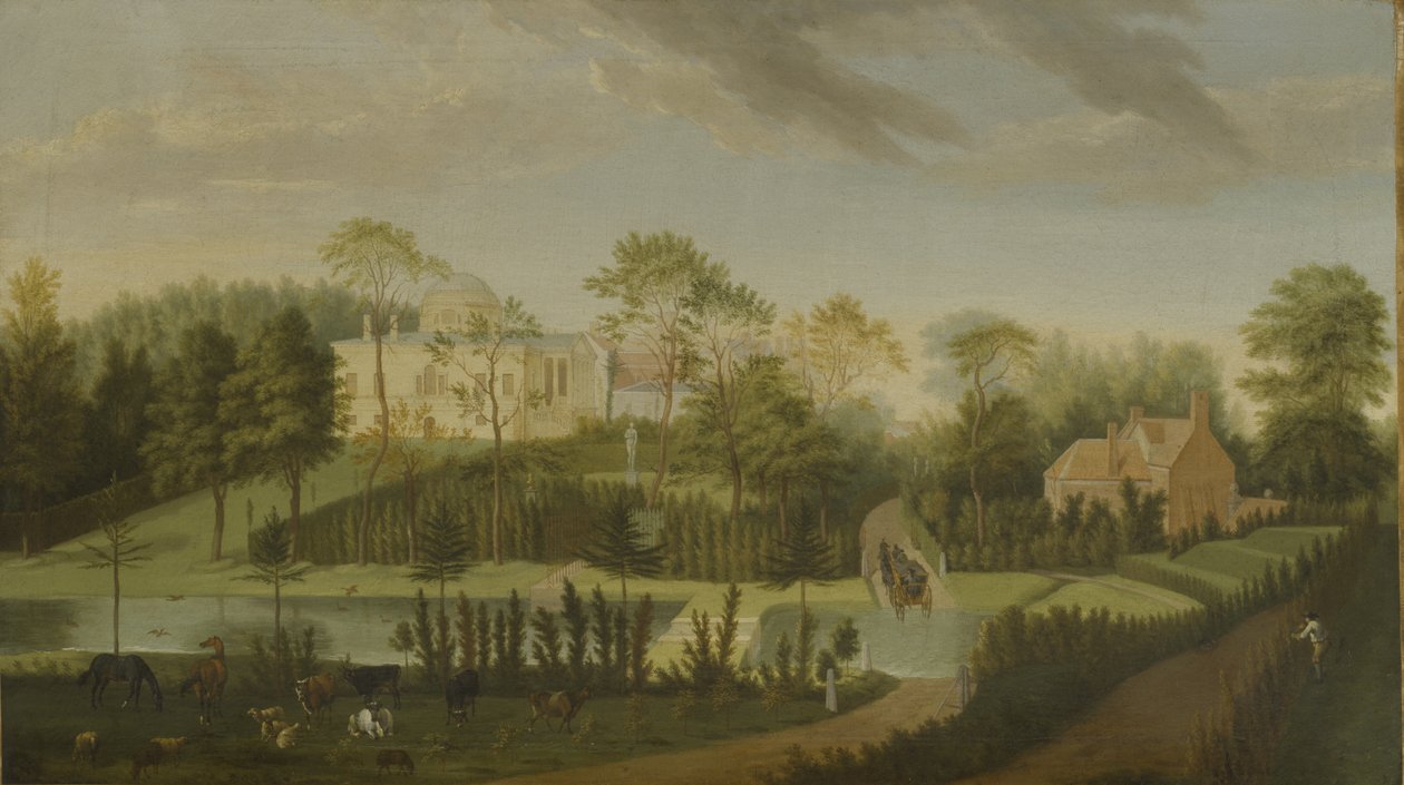 Vista do terraço olhando através do canal para o lado da villa, Chiswick Villa (óleo sobre tela) de Pieter Andreas Rysbrack