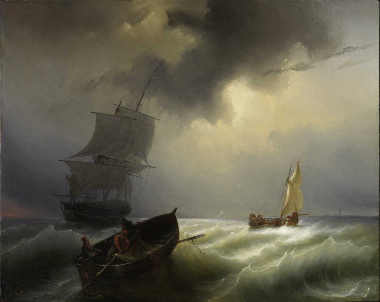 Navios no mar em um vento forte, 1838 de Pieter Arnout Djixhoorn