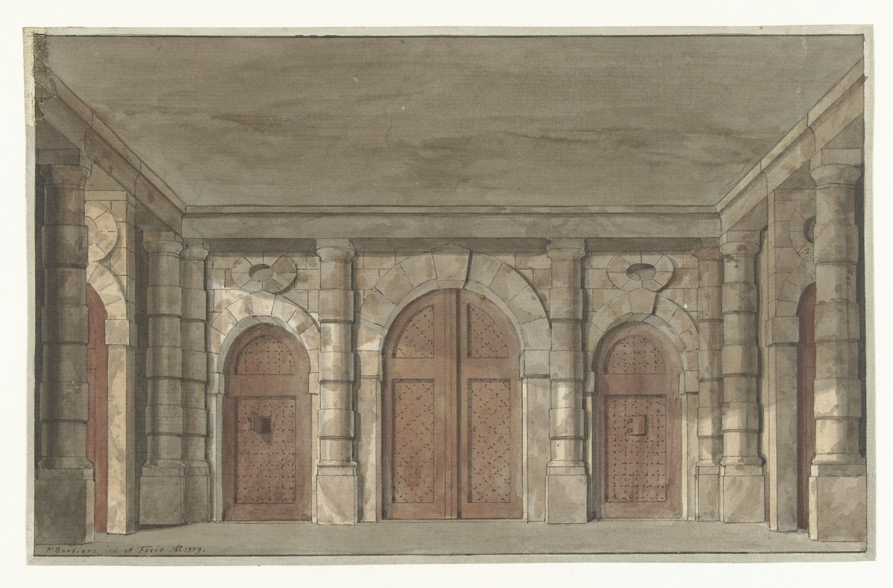 Desenho para um conjunto de palco de um vestíbulo prisional (?) de Pieter Barbiers (I)