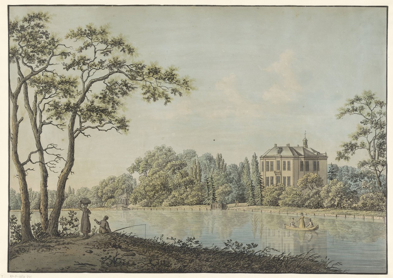 Vista da casa Over Holland com casa de chá no Vecht em Nieuwersluis de Pieter Bartholomeusz. Barbiers