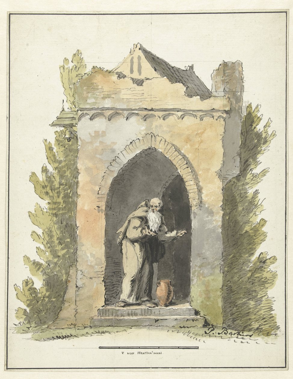 Eremita em frente de uma capela de pedra de Pieter Bartholomeusz. Barbiers
