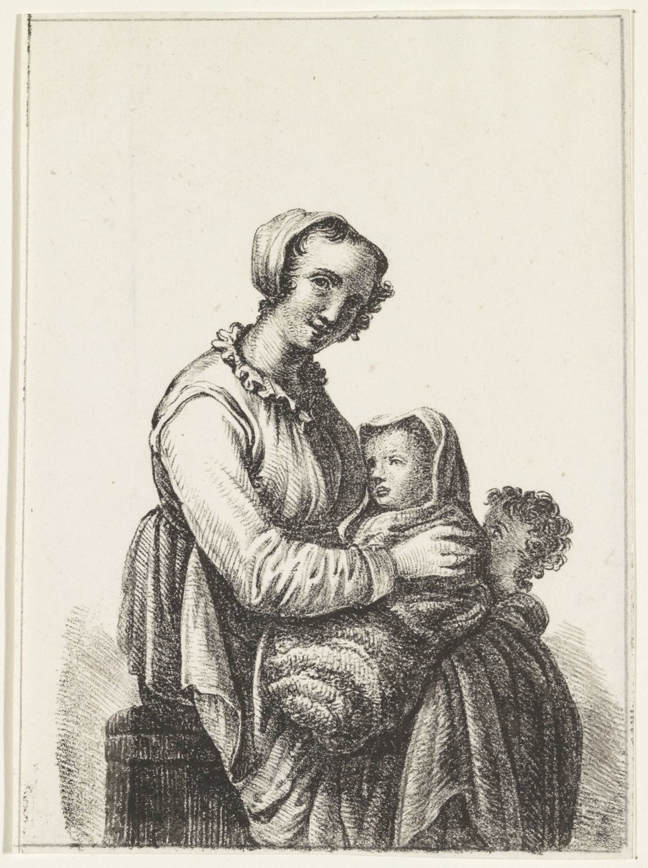 Mãe com bebé e criança de colo de Pieter Bartholomeusz. Barbiers