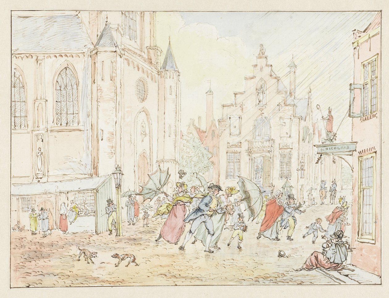 Praça com pessoas à chuva de Pieter Bartholomeusz. Barbiers