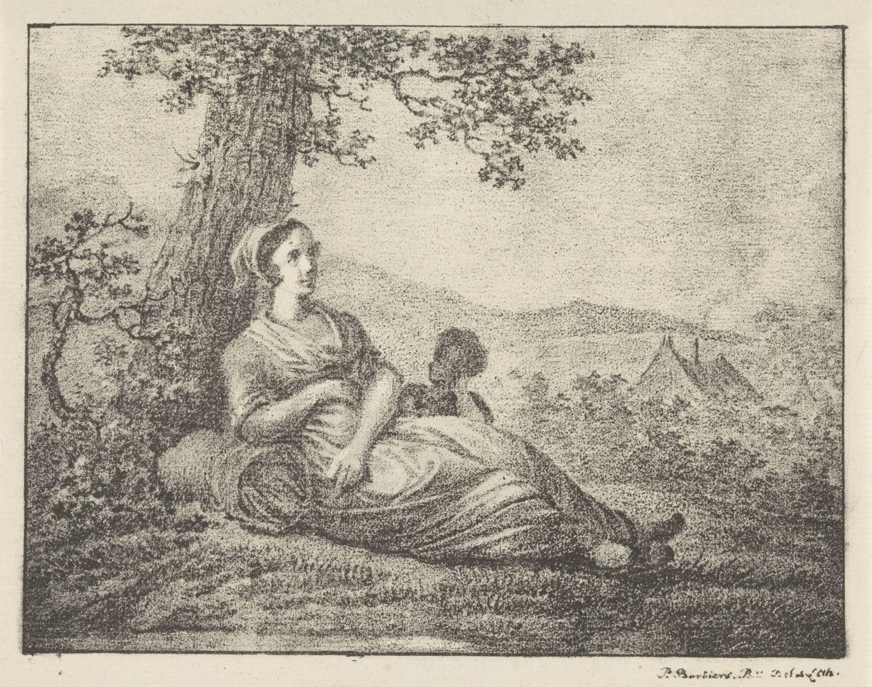 Descansar mulher por árvore de Pieter Bartholomeusz. Barbiers