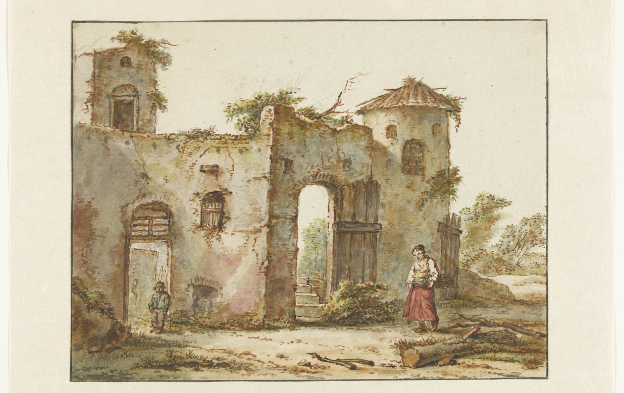 Edifício dilapidado com um homem da madeira à direita de Pieter Bartholomeusz. Barbiers