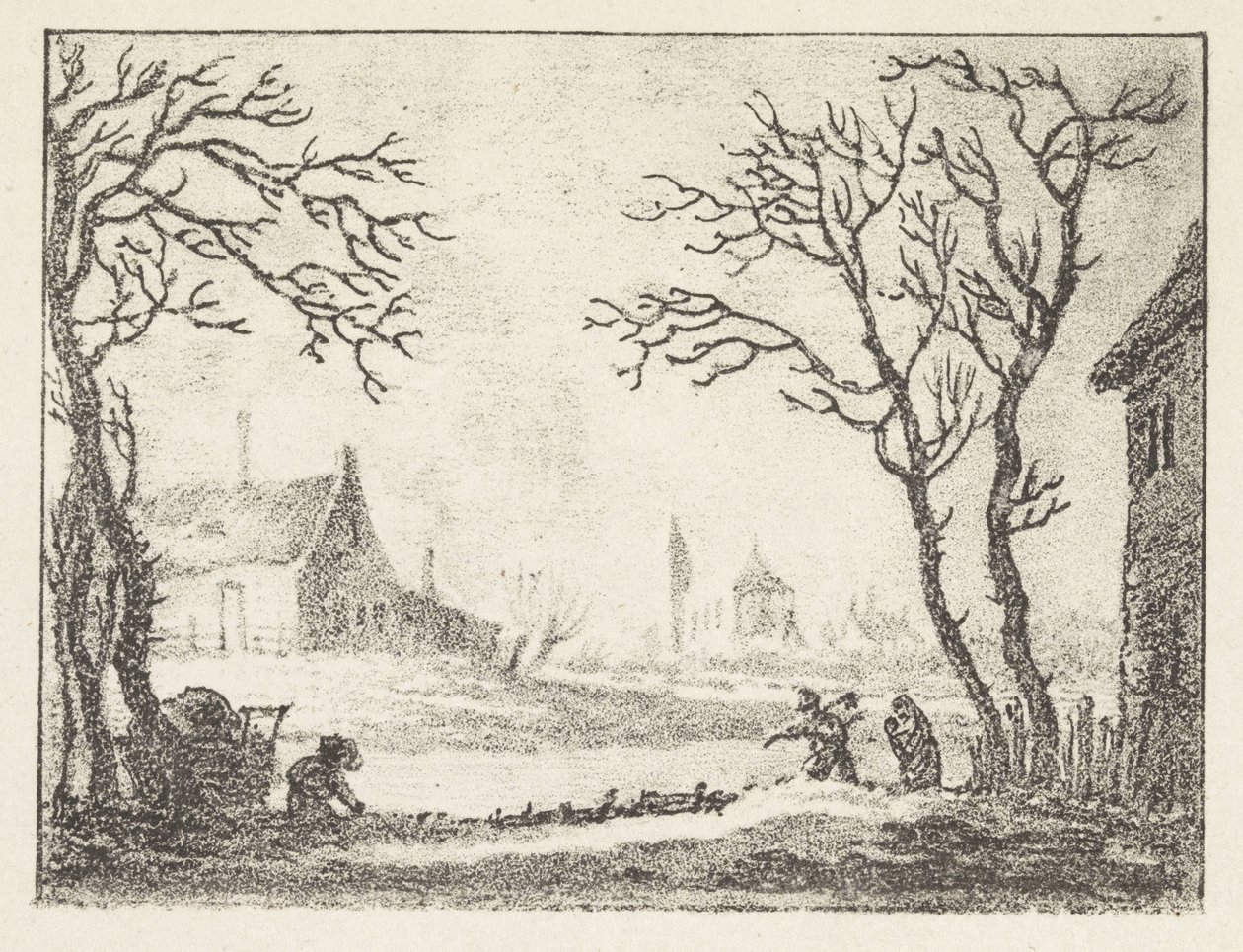 Paisagem de Inverno com casas e figuras de Pieter Bartholomeusz. Barbiers