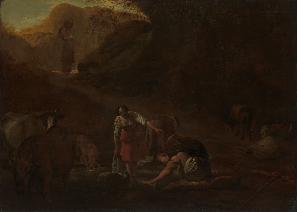Um pastor e lavadeiras em uma primavera de Pieter Bodding van Laer