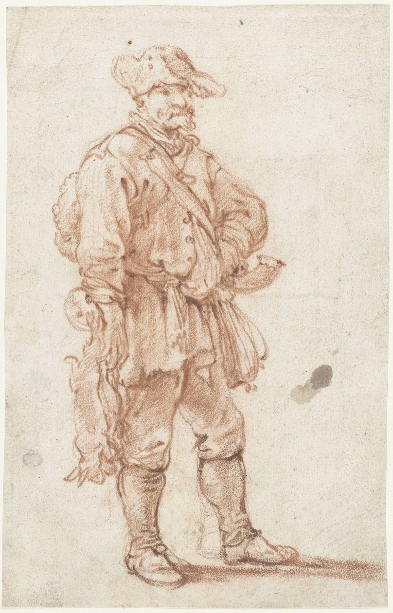 Caçador de pé com duas lebres mortas de Pieter Bout