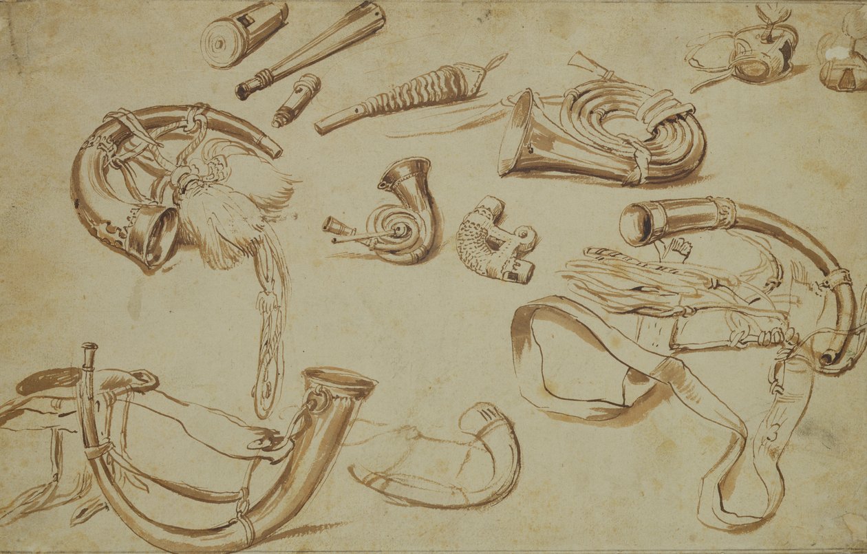 Caça parafernália (lápis, caneta e tinta no papel) de Pieter Bruegel the Elder