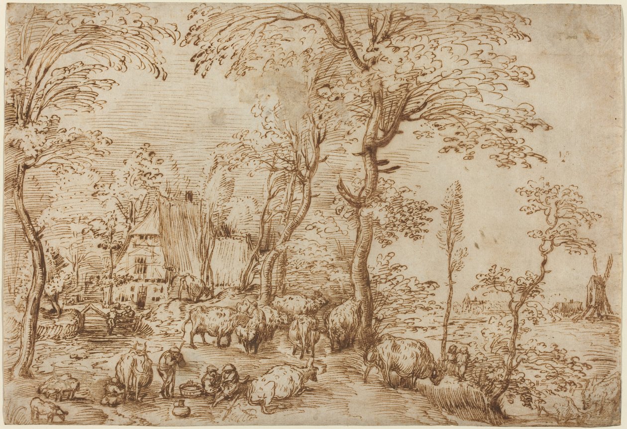 Camponeses e gado perto de uma fazenda de Pieter Bruegel the Elder