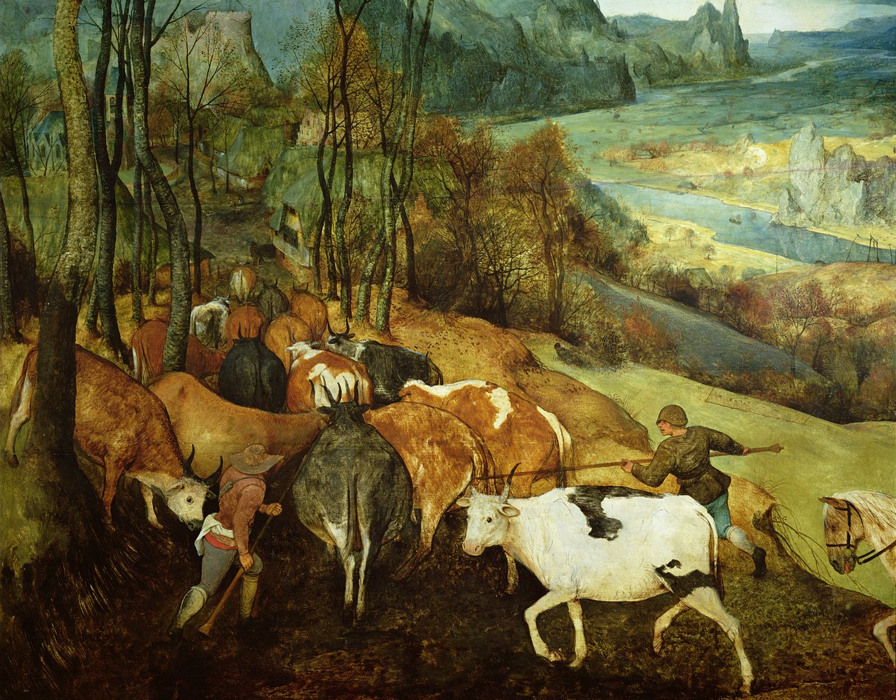 O retorno do rebanho Outono 1565 óleo no detalhe do painel de 186444 e 556 de Pieter Bruegel the Elder