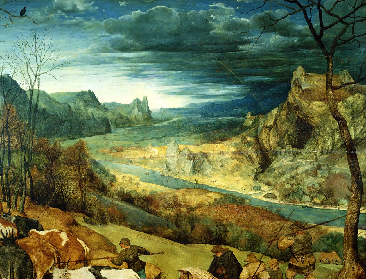 O retorno do rebanho Outono, 1565 óleo no detalhe do painel de 556 de Pieter Bruegel the Elder