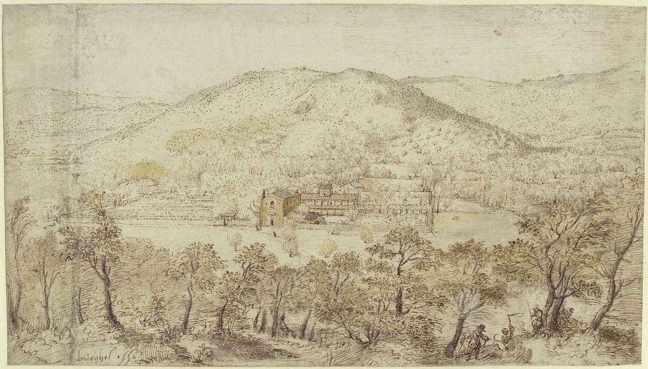 Paisagem montanhosa meridional com edifícios conventuais de Pieter Brueghel the Elder