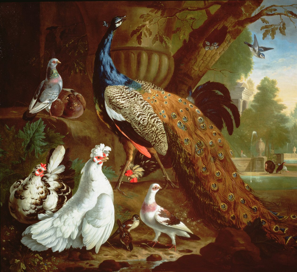 Um pavão em uma paisagem clássica, 1719 de Pieter Casteels