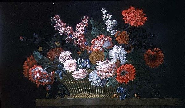 Uma Natureza Morta de Cravos, Estoques, Peônias, Gólvulos e Outras Flores em Cesta Descansando em um Lado de Pedra de Pieter Casteels