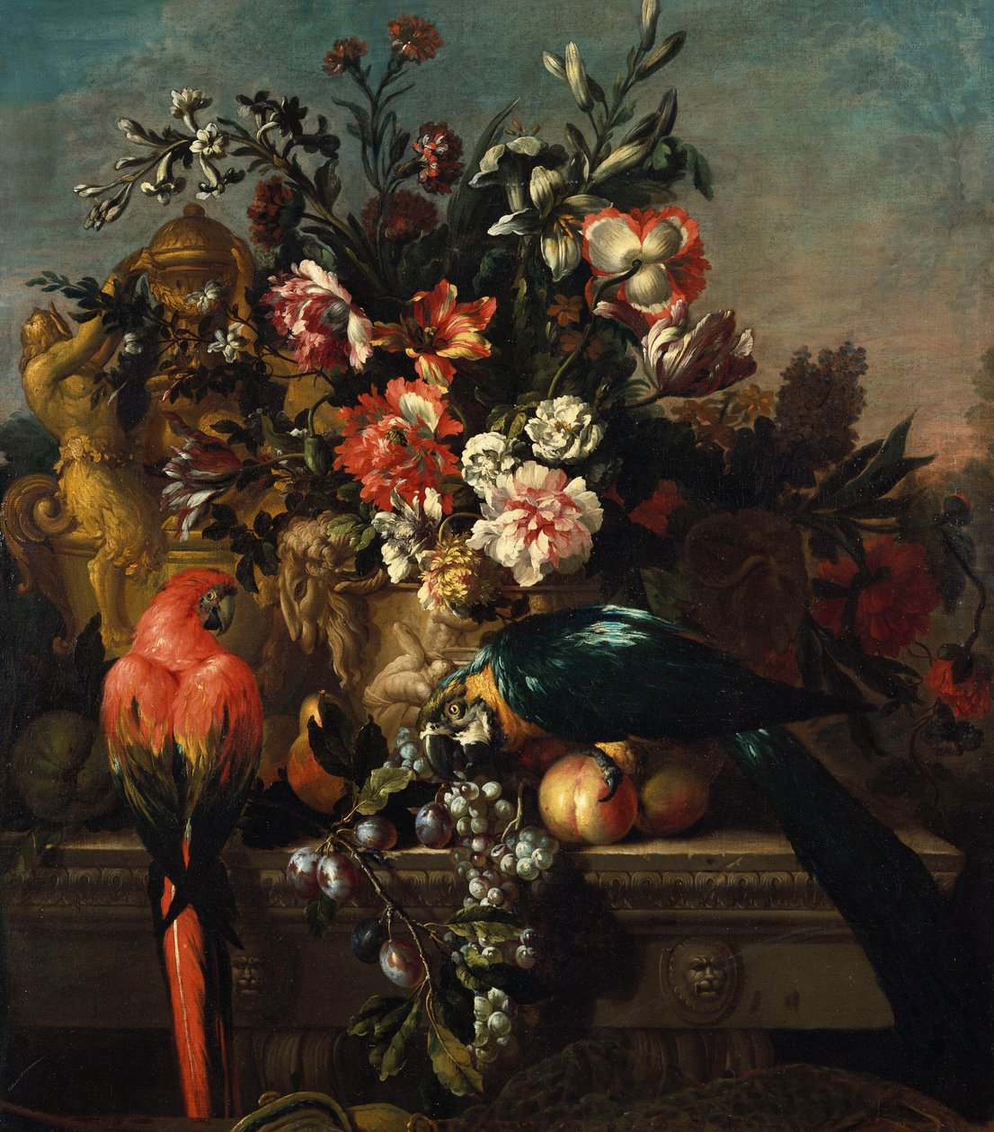 Cravos e outras flores com papagaios em um pedestal de Pieter Casteels