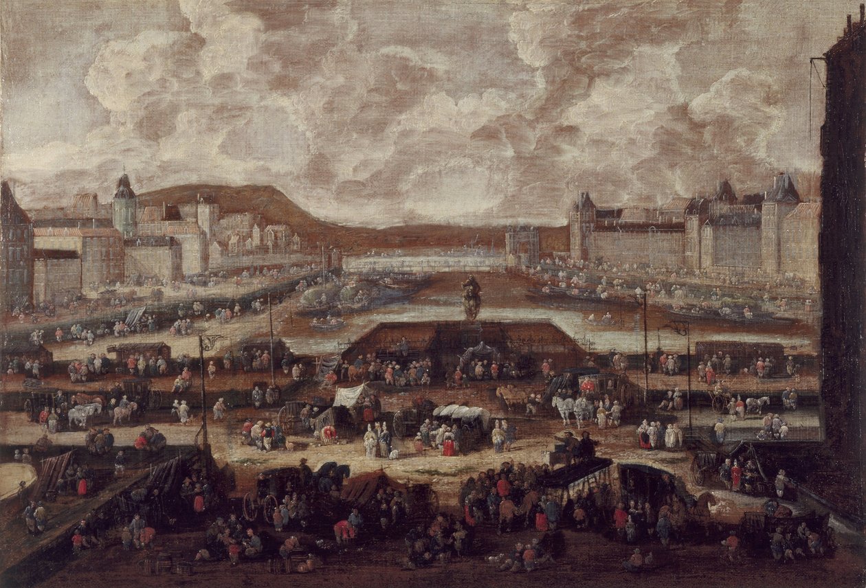 O Pont-Neuf, o Sena e o Louvre, cerca de 1670, cerca de 1670 (óleo sobre tela) de Pieter Casteels