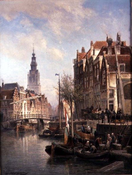 Cena de rua em um canal de Pieter Christiaan Cornelis Dommelshuizen