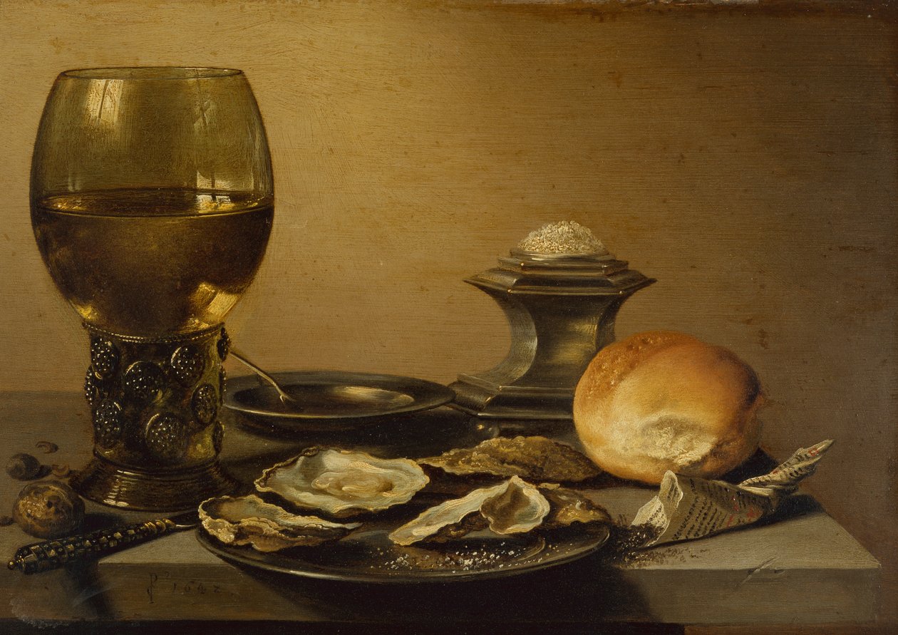 Um café da manhã ainda vida de ostras, pão de sal e nozes (óleo) de Pieter Claesz