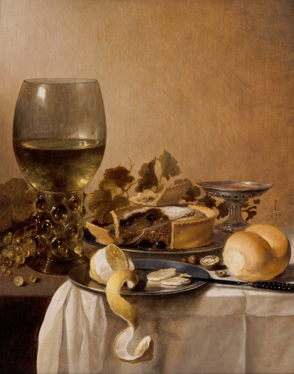 Um Roemer Gigante, Uma Taça de Prata, Uma Tarte de Pieter Claesz