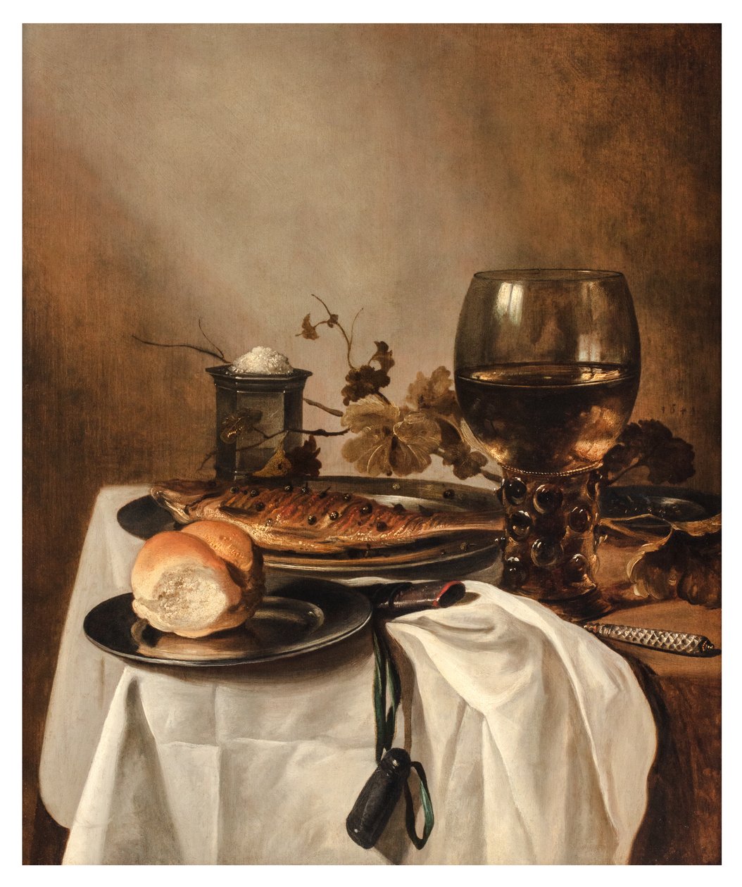 Um Rolo, Arenque, Saltcellar de Prata, Roemer Grande e Faca numa Mesa Dobrada, c.1644 (óleo sobre painel) de Pieter Claesz