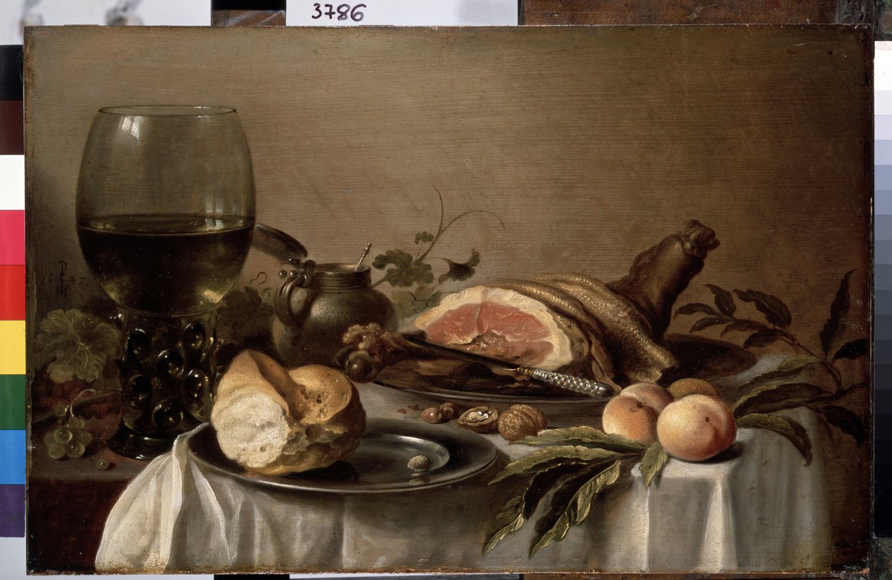 ""Natureza morta de pequeno-almoço com presunto, pão, pêssegos e nozes"" (Café da manhã com presunto) Pintura de Pieter Claesz (cerca de 1597-1660) 1647 Dim. 40x61 cm São Petersburgo, museu ermida de Pieter Claesz