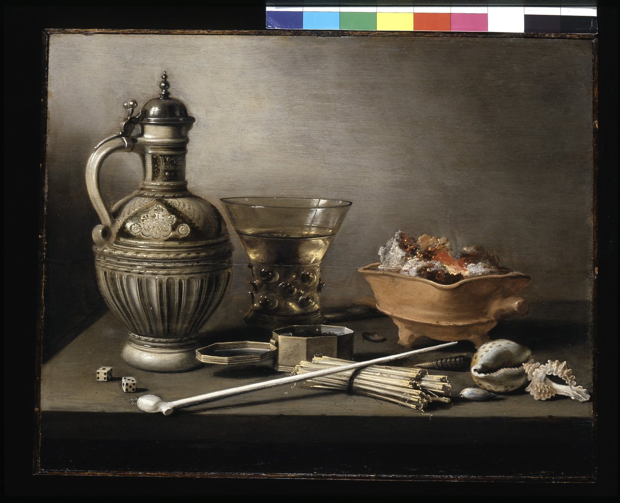 Natureza Morta com um jarro de grés, Berkemeyer e Utensílios para fumar (óleo sobre madeira) de Pieter Claesz