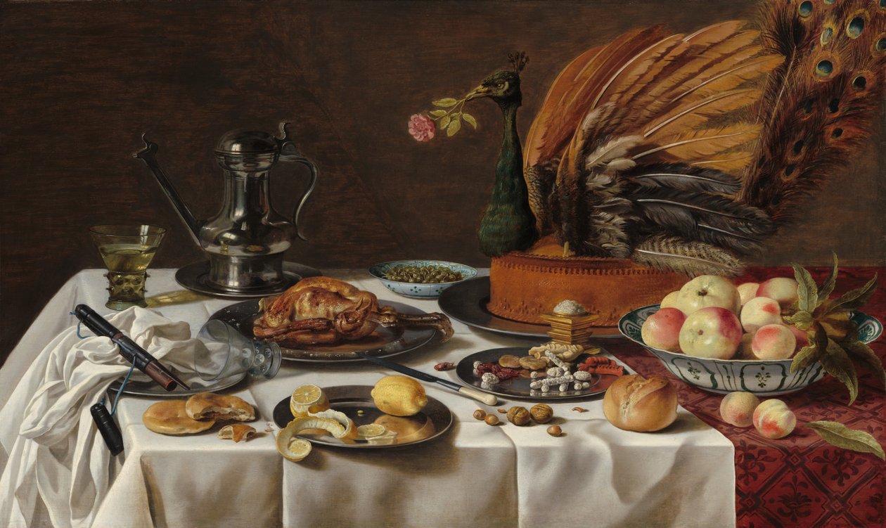 Natureza morta com torta de pavão de Pieter Claesz