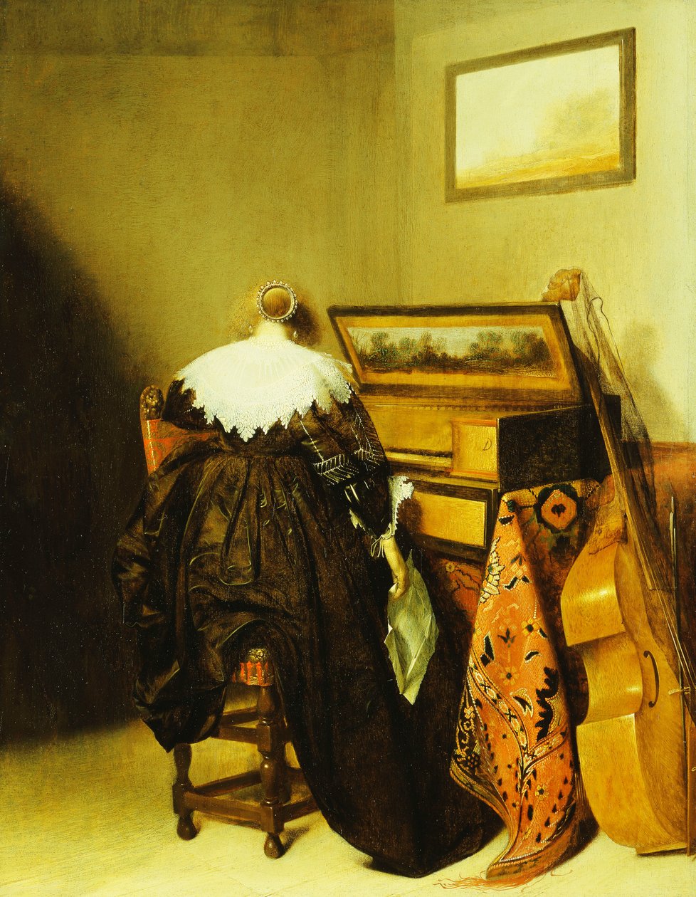 Uma senhora sentada, vista de trás, antes de uma virginal, de Pieter Codde