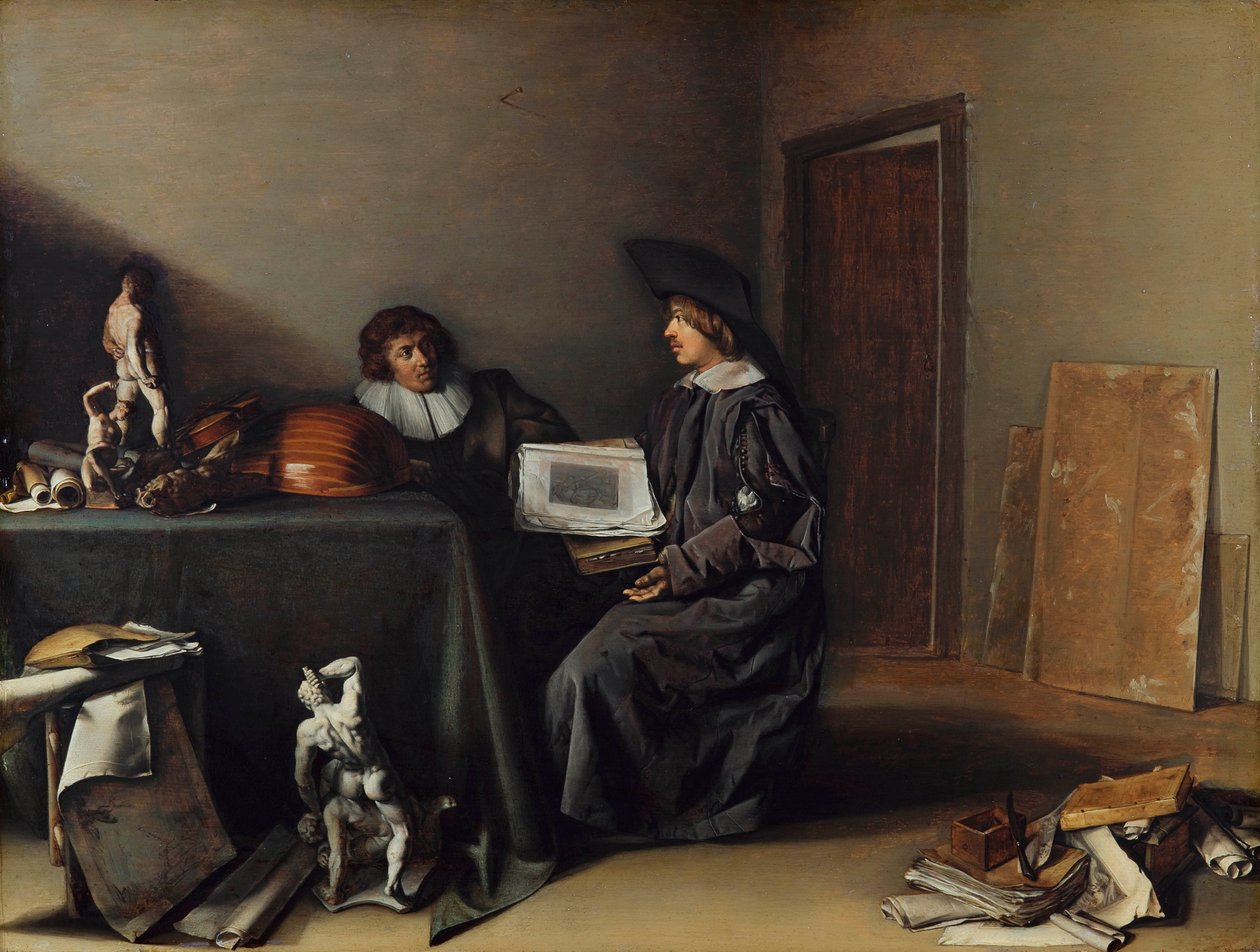 "Artista e amante da arte em conversa" Pintura de Pieter Codde (1599-1678), - Óleo sobre madeira, 41,7x55,1 - Fondation Custodia de Pieter Codde