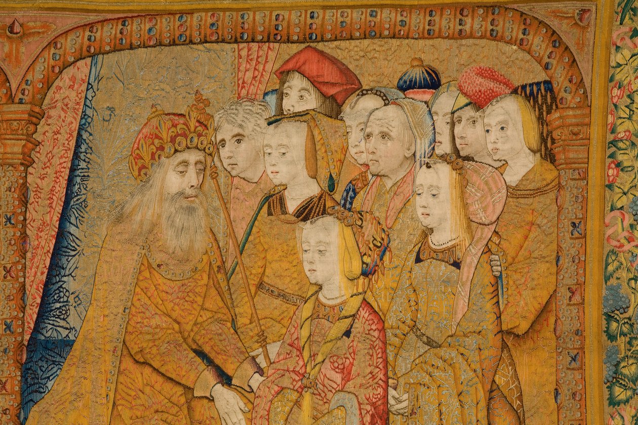 tapeçaria flamenga. Aviso. Detalhe, c.1502-04 (ouro, prata, seda e lã) de Pieter Coecke van Aelst