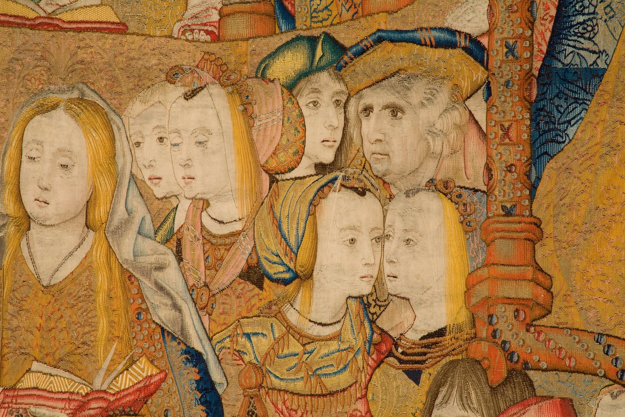 tapeçaria flamenga. Aviso. Detalhe, c.1502-04 (ouro, prata, seda e lã) de Pieter Coecke van Aelst