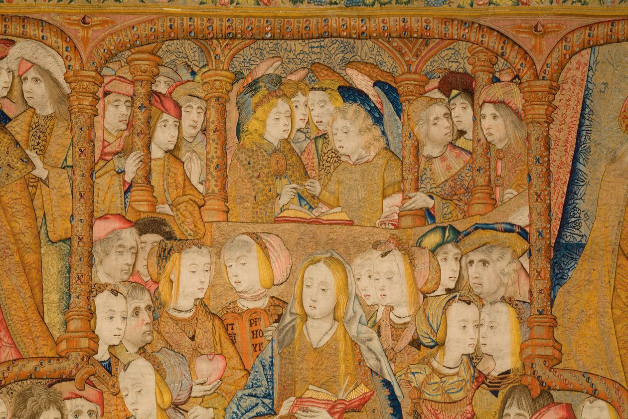 tapeçaria flamenga. Aviso. Detalhe, c.1502-04 (ouro, prata, seda e lã) de Pieter Coecke van Aelst