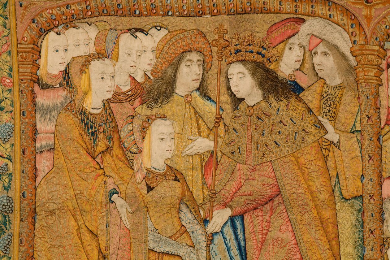Tapeçaria flamenga. Anunciação. Detalhe, c.1502-04 (ouro, prata, seda e lã) de Pieter Coecke van Aelst