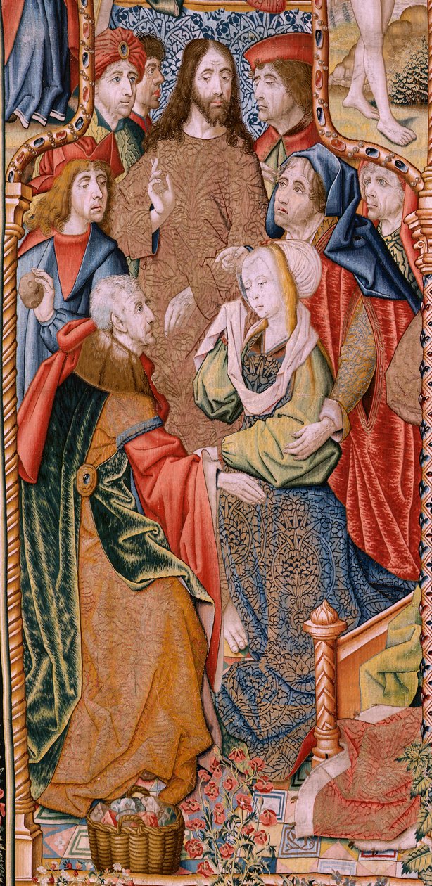 Tapeçaria flamenga. Episódios da série "A Vida da Virgem". As profecias cumprem-se no nascimento de Cristo (Cumplimiento de las profecías en el nacimiento del Hijo de Dios). A primeira tapeçaria da série. Modelos Atribuídos a Jan von Roome (ou van B de Pieter Coecke van Aelst