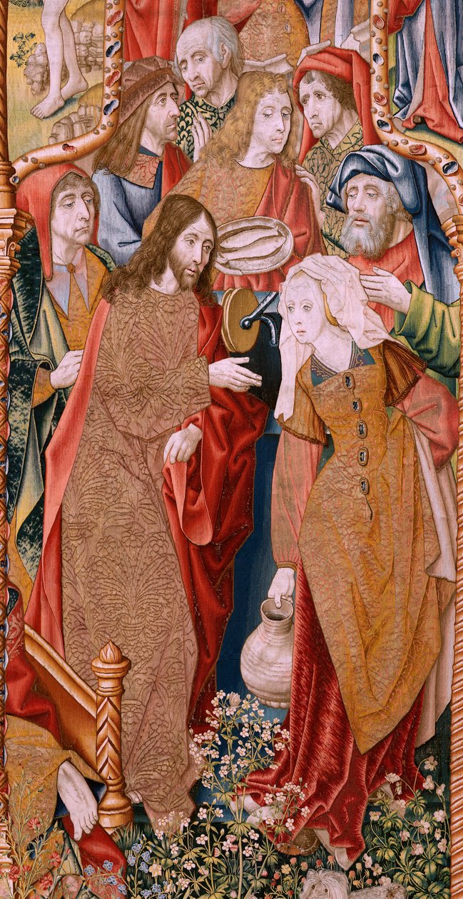 Tapeçaria flamenga. Episódios da série "A Vida da Virgem". As profecias cumprem-se no nascimento de Cristo (Cumplimiento de las profecías en el nacimiento del Hijo de Dios). A primeira tapeçaria da série. Modelos Atribuídos a Jan von Roome (ou van B de Pieter Coecke van Aelst