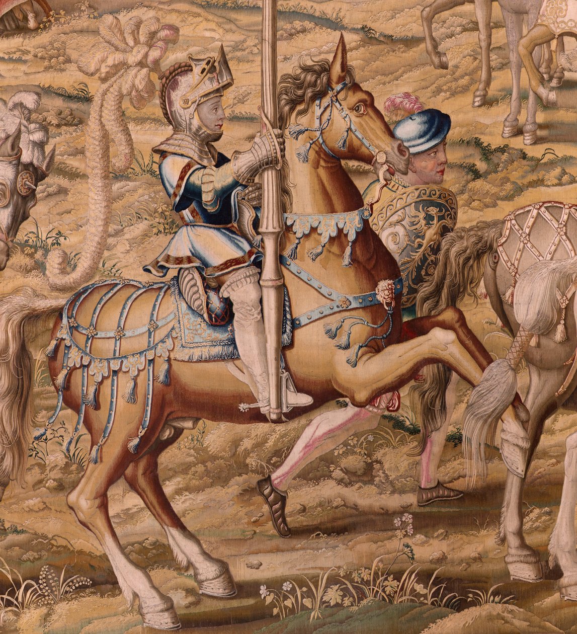 Tapeçaria flamenga. Série A Conquista de Tunis; Revisão das Tropas em Barcelona (La revista de las tropas en Barcelona). Segunda tapeçaria da série. Modelo Jan Vermeyen e Pieter Coecke van Aelst. 1543-1548. Fabrico da Real Fábrica de Tapices de Sant de Pieter Coecke van Aelst