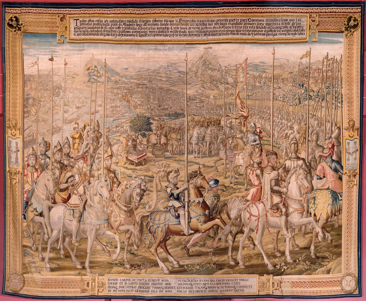 Tapeçaria flamenga. Série A Conquista de Tunis; Revisão das Tropas em Barcelona (La revista de las tropas en Barcelona). Segunda tapeçaria da série. Modelo Jan Vermeyen e Pieter Coecke van Aelst. 1543-1548. Fabrico da Real Fábrica de Tapices de Sant de Pieter Coecke van Aelst