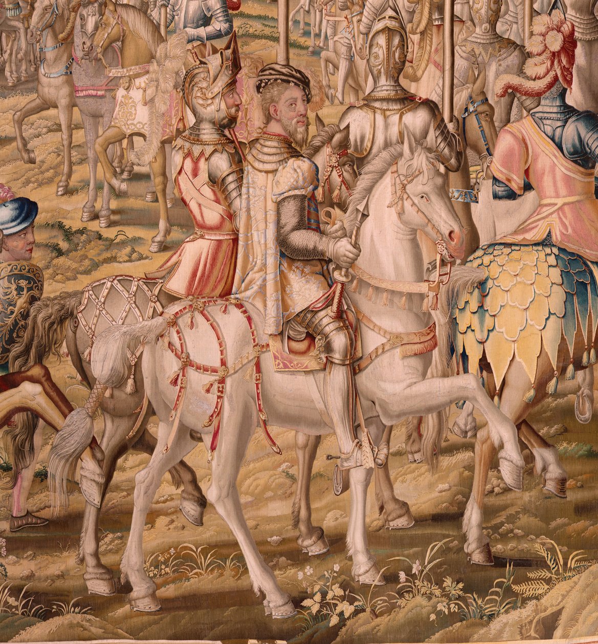 Tapeçaria flamenga. Série A Conquista de Tunis; Revisão das Tropas em Barcelona (La revista de las tropas en Barcelona). Segunda tapeçaria da série. Modelo Jan Vermeyen e Pieter Coecke van Aelst. 1543-1548. Fabrico da Real Fábrica de Tapices de Sant de Pieter Coecke van Aelst