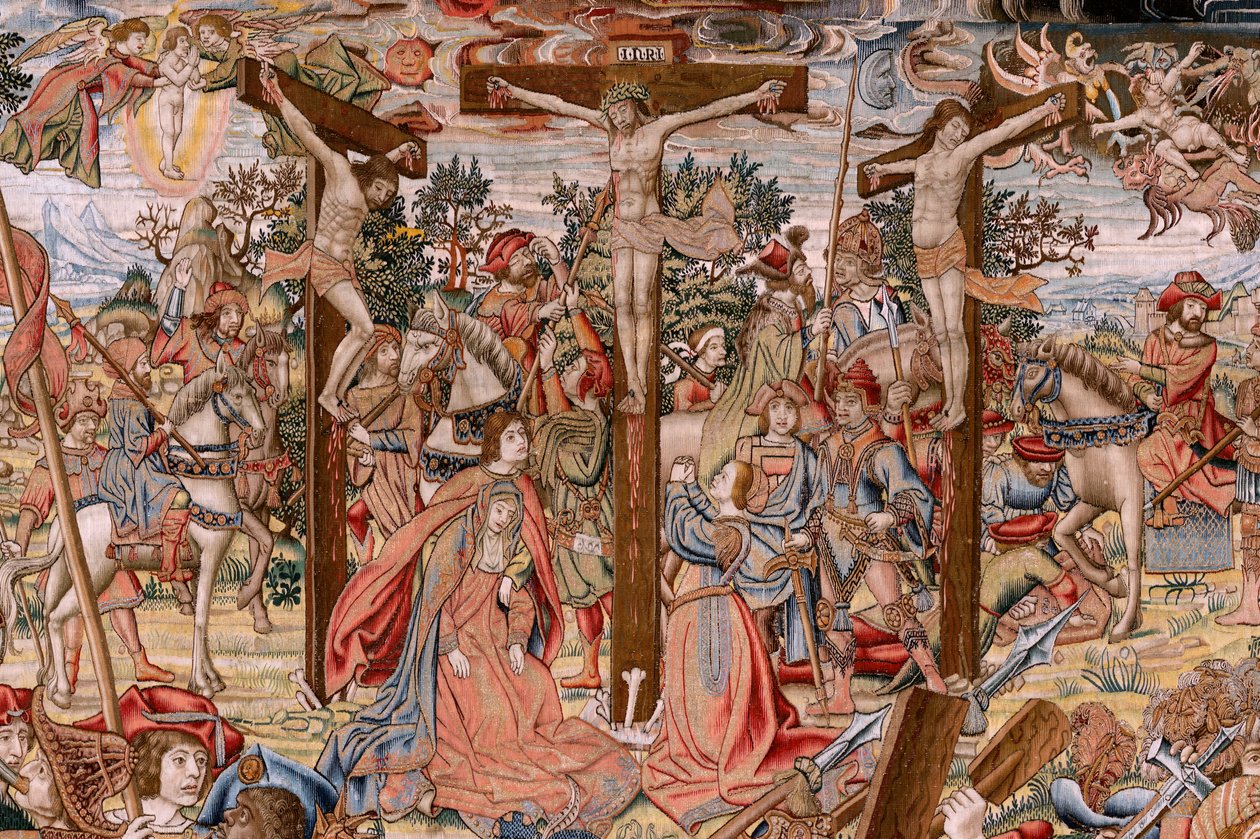 Tapeçaria flamenga. Série A Paixão de Cristo; O caminho para o Calvário e o encontro com Verónica (Camino del Calvario y encuentro con la Verónica). Primeira tapeçaria das que são conservadas pelo Património Nacional. Modelos cartoonistas do círculo de Jan de Pieter Coecke van Aelst