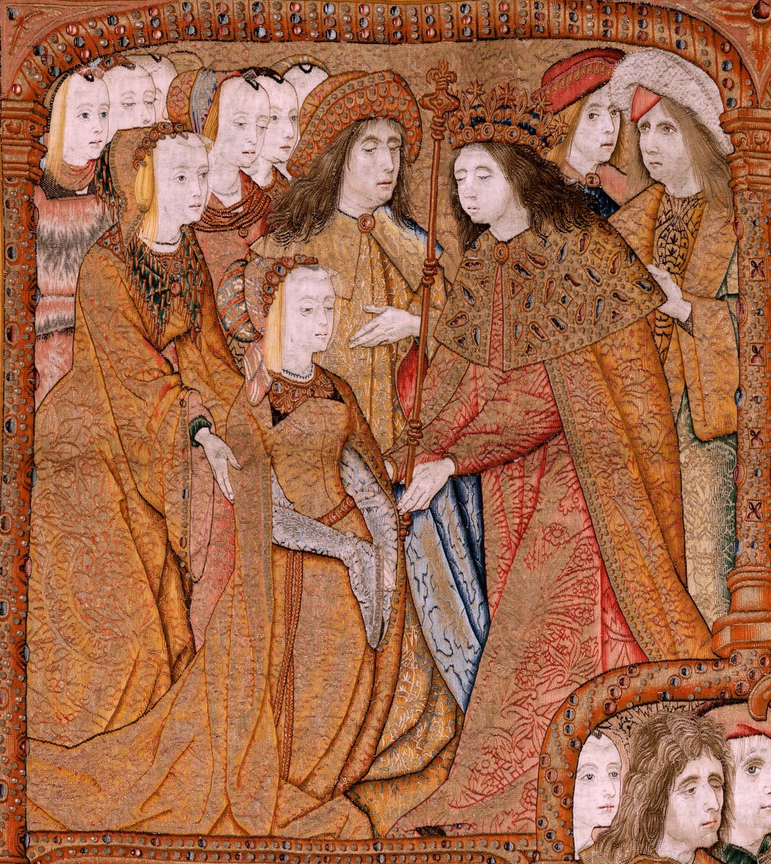 Tapeçaria flamenga. Série Triunfos da Mãe ou Paños de Oro. Anunciação (La Anunciación). Segunda tapeçaria da série. Modelo Colin de Cooter (?). Fabrico Pieter van Aelst (ou van Edingen), Bruxelas. Ca 1500-1502. Tecido Ouro, prata, seda e wo de Pieter Coecke van Aelst