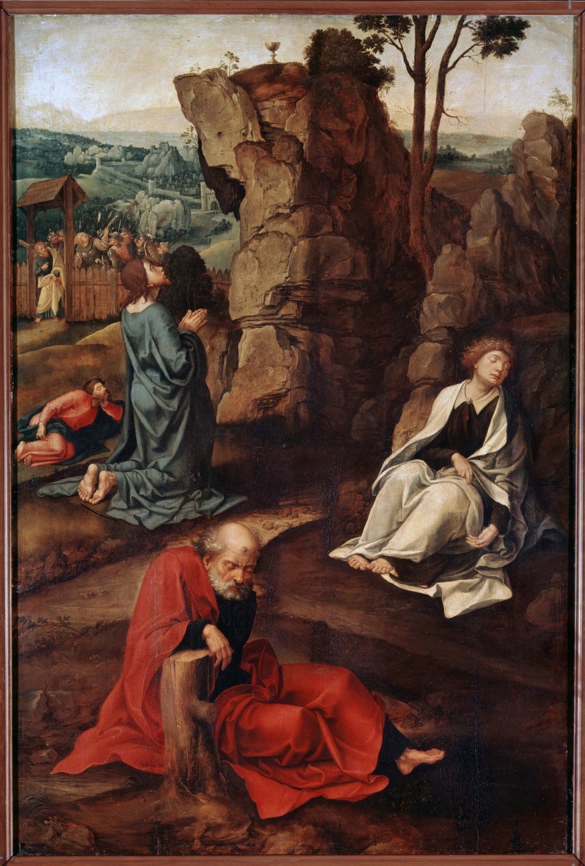 ""Oração no Horto das Oliveiras"" (Agonia no Horto) Após a última ceia, Cristo vai para a colina do Getsêmani que domina Jerusalém com os apóstolos. Os soldados romanos ajudantes de Judas se aproximam para prendê-lo. Pintura de Pieter Coe de Pieter Coecke van Aelst