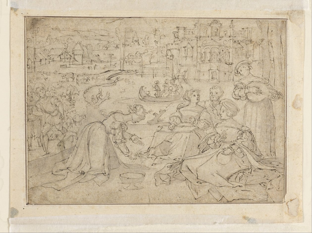 Frente- O mês de abril (figuras em um parque perto de um castelo); Verso-jovens das Três Idades do Homem de Pieter Coecke van Aelst