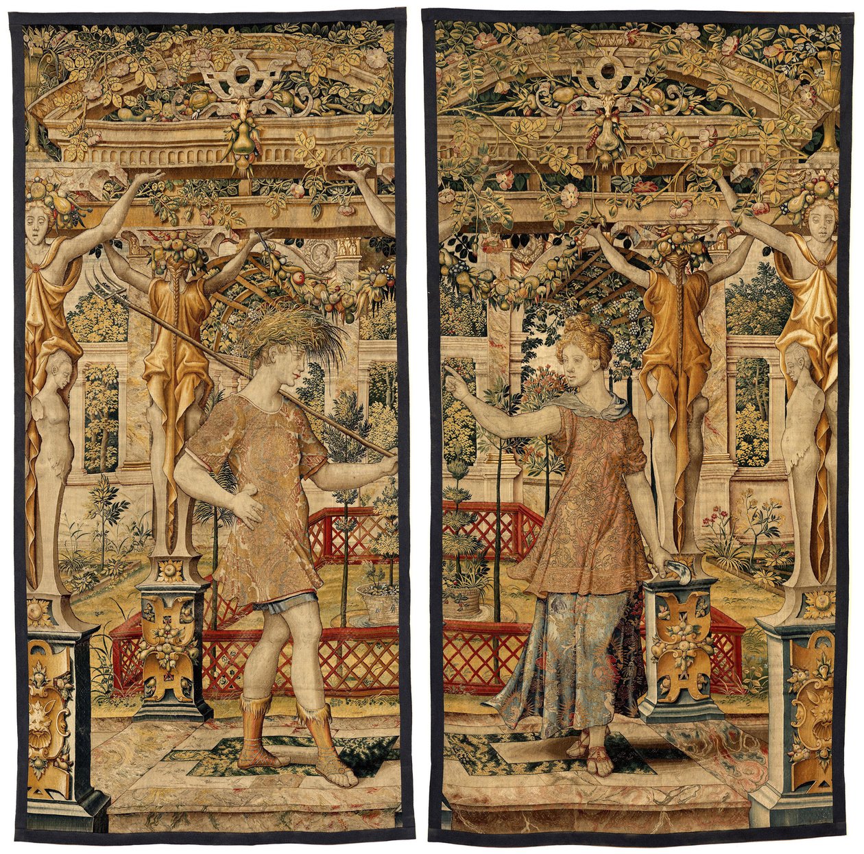 Vertumnus e Pomona: Vertumnus transformado em agricultor, c.1550 (ouro, lã e seda) de Pieter Coecke van Aelst