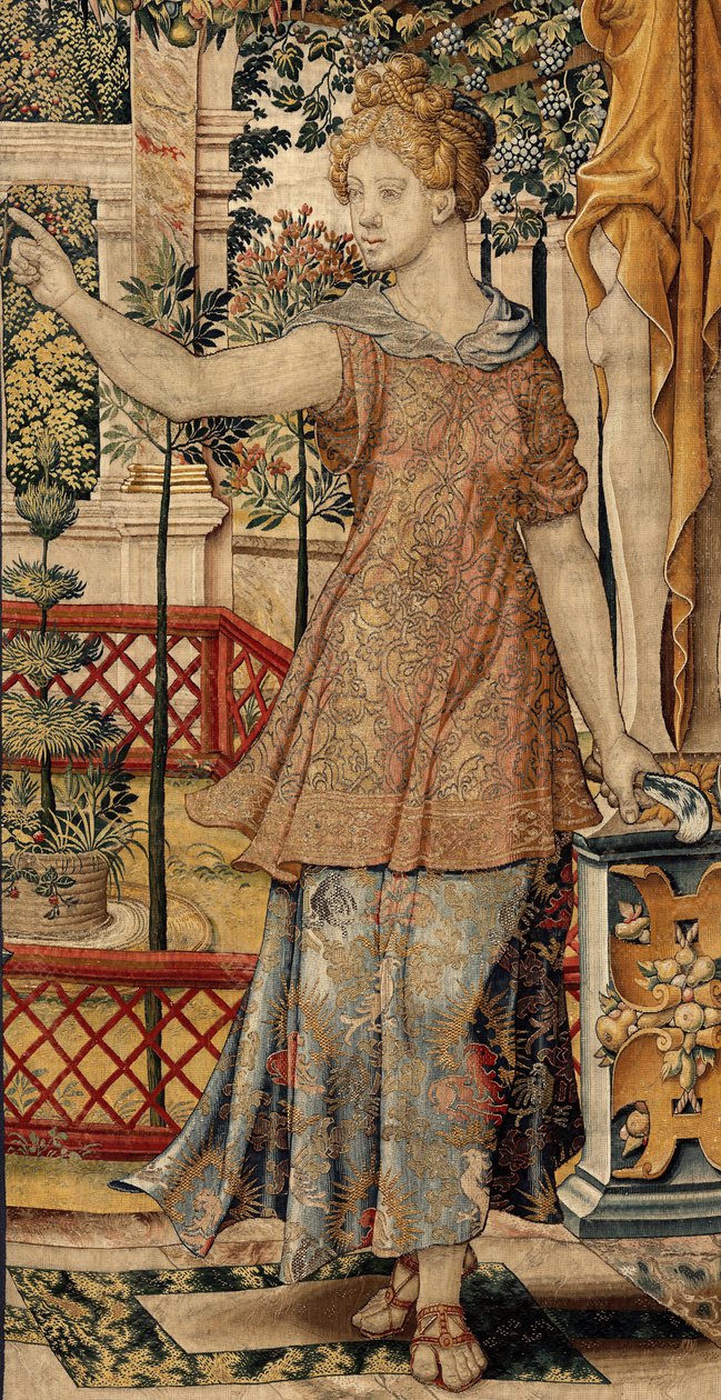 Vertumnus e Pomona: Vertumnus transformado em agricultor, c.1550 (ouro, lã e seda) de Pieter Coecke van Aelst