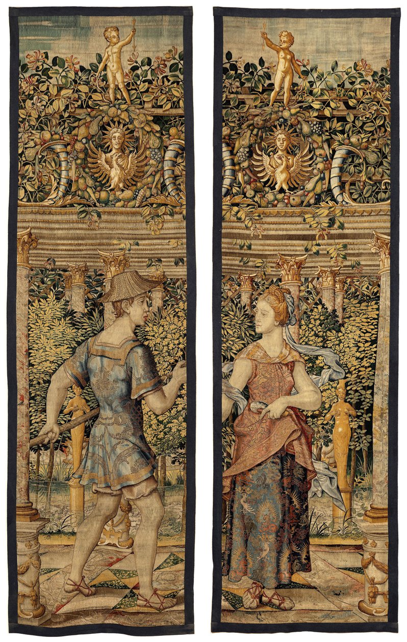 Vertumnus e Pomona: Vertumnus transformado em pescador, c.1550 (ouro, lã e seda) de Pieter Coecke van Aelst