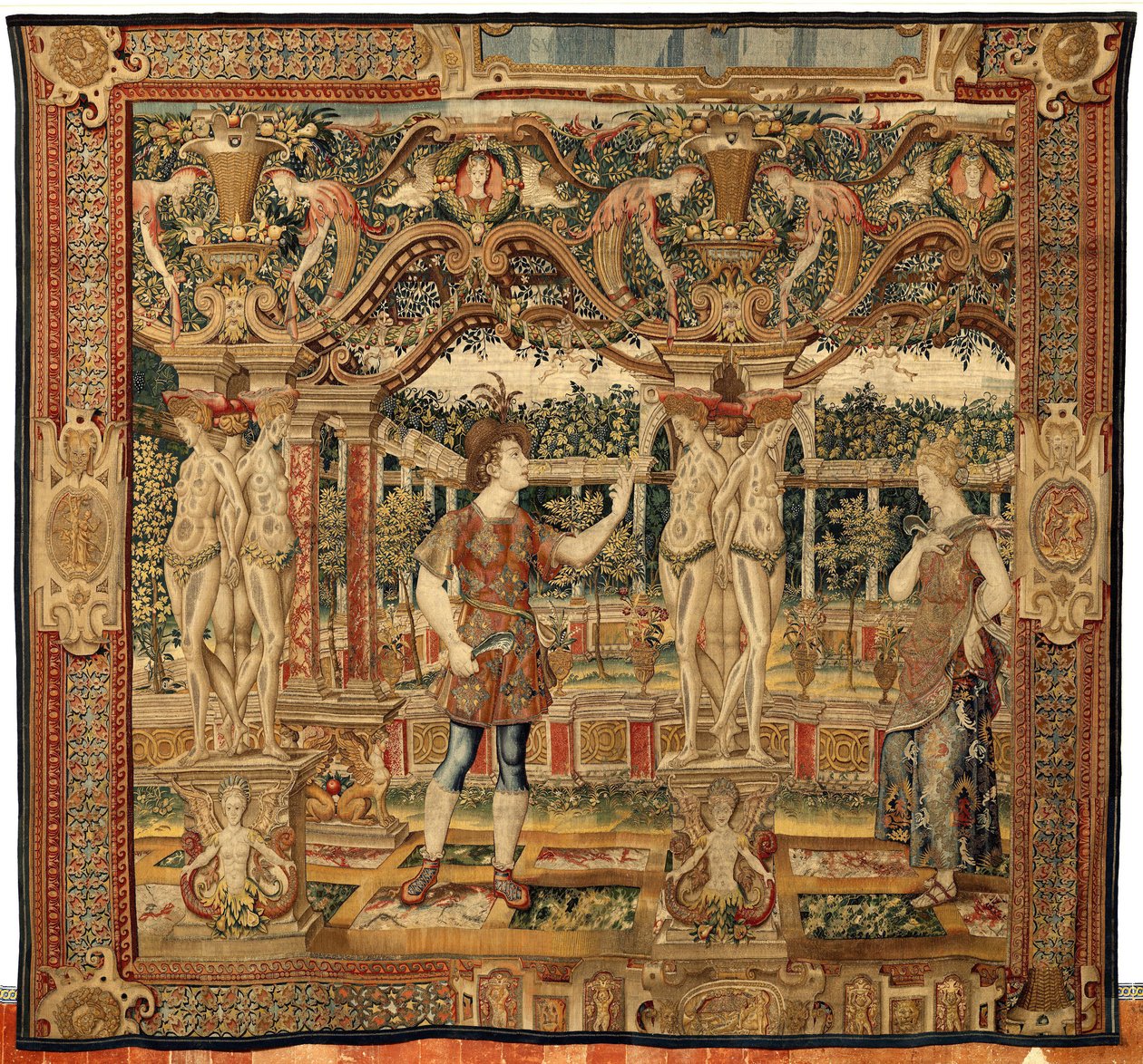 Vertumnus e Pomona: Vertumnus transformado em poda, c.1550 (ouro, lã e seda) de Pieter Coecke van Aelst