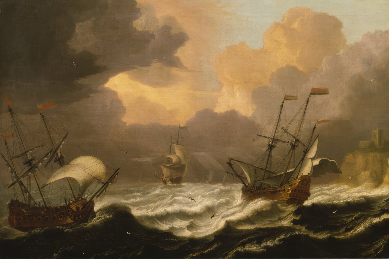 Mar em movimento com três navios de Pieter Coopse